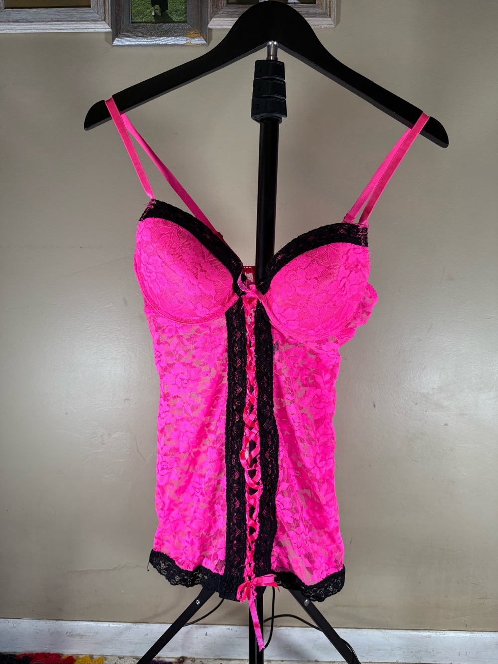 Native Hot Pink Lace Chemise with Black Trim
